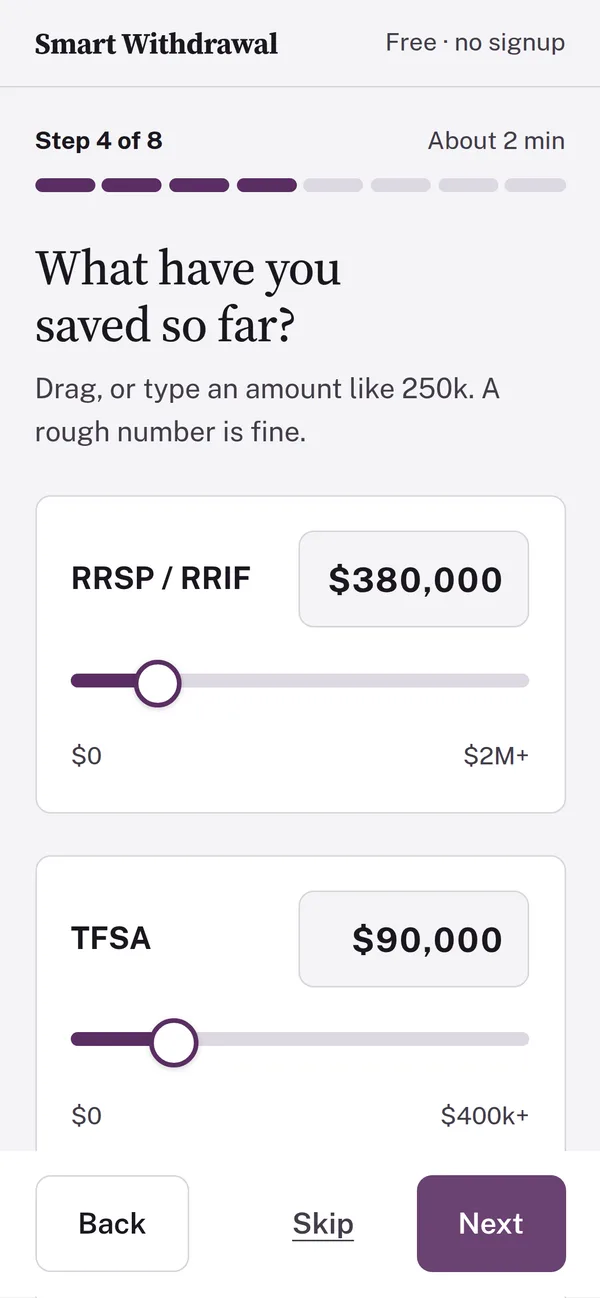 Onboarding step 4 of 8: sliders for RRSP and TFSA savings